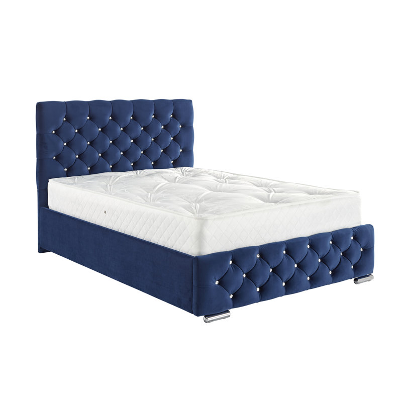 Terrence Upholstered Velvet Bed, Double (4'6), Plush Marine