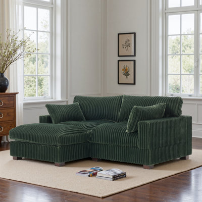 2 - Piece Upholstered Green Faux Rabbit Fur Flannel Reversible Modular Sofa Living Room Sectional Couch with Pillows