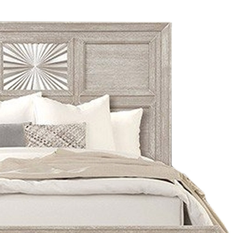 Grand lit Diaz, motif Sunburst, panneau encastré, bois gris clair