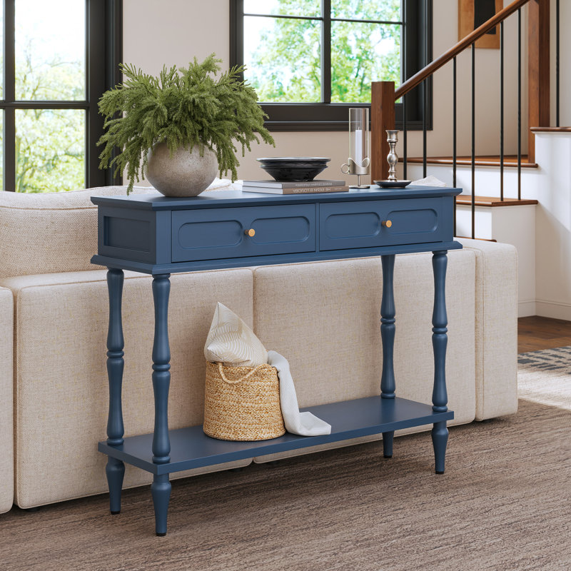 Console de style Mid-Century avec 2 tiroirs et une tablette ouverte, pattes en bois massif (assemblage minimal requis), Bleu