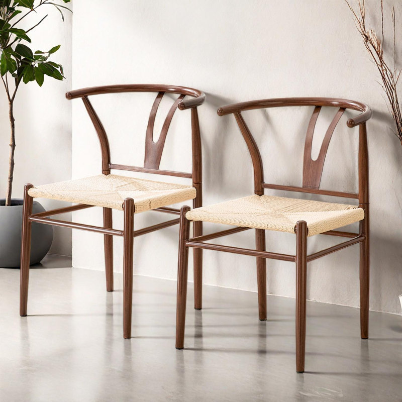 Fauteuil en Y de style médiéval avec siège en corde tissée, ensemble de 2, Bois brun