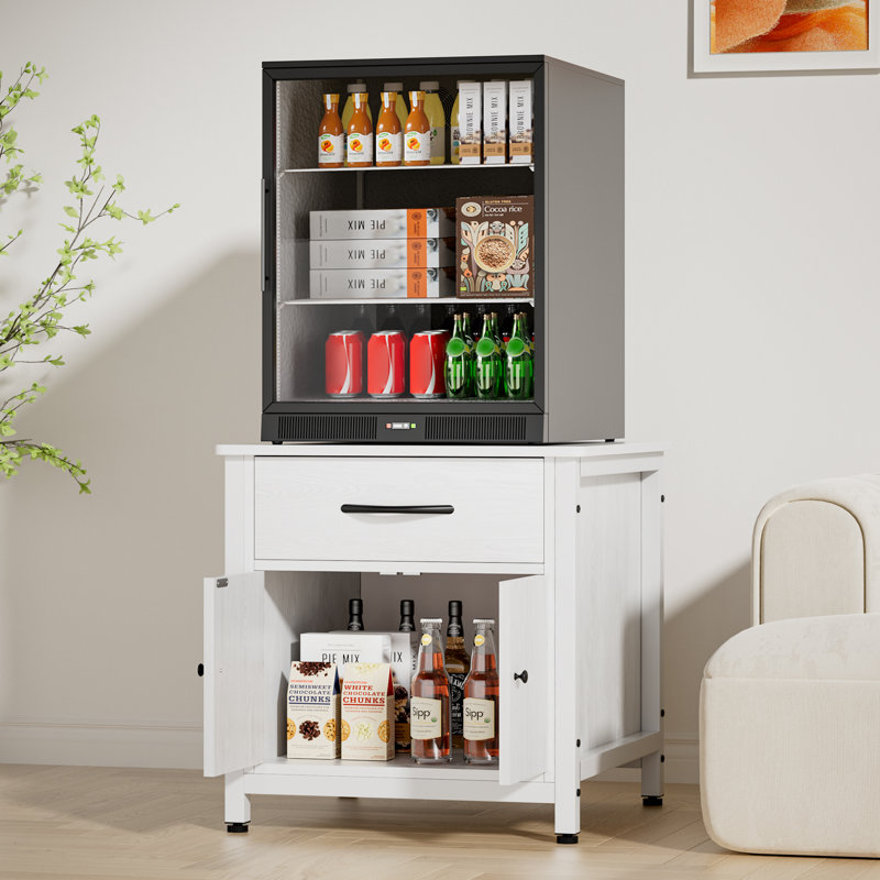 Mini Fridge Stand With Storage, Heavy Duty Mini Fridge Cabinet With Drawer, Solid Wood Beverage Refrigerator Stand Table For Dorm, Office, Bedroom, Load 220lbs