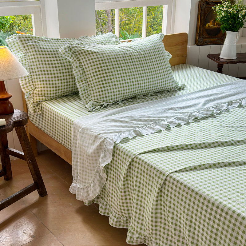 Ensemble de draps Gingham Ruffle, Très grand lit, Vichy vert sauge