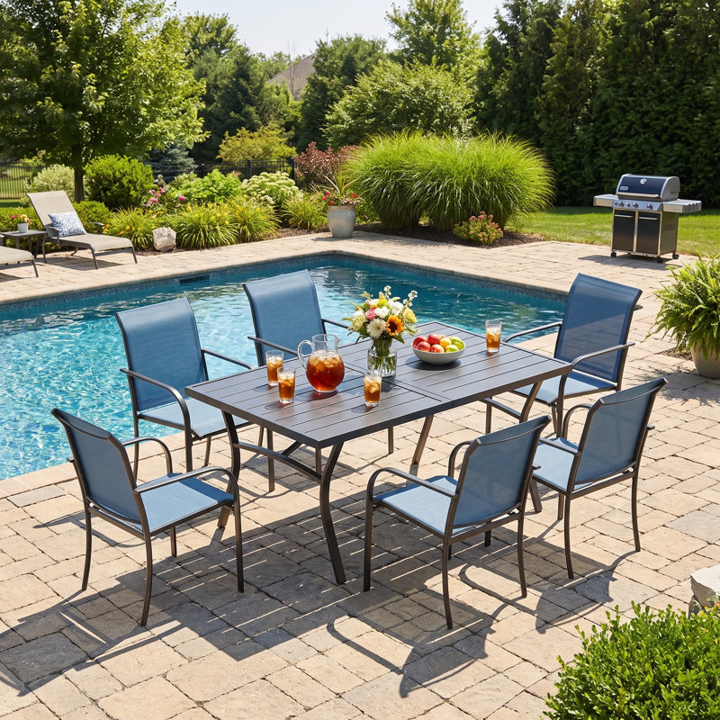 6-Person Patio Dining Set with 63" Rectangular Dining Table and 6 Stackable PVC-coated polyester Chairs, Blue