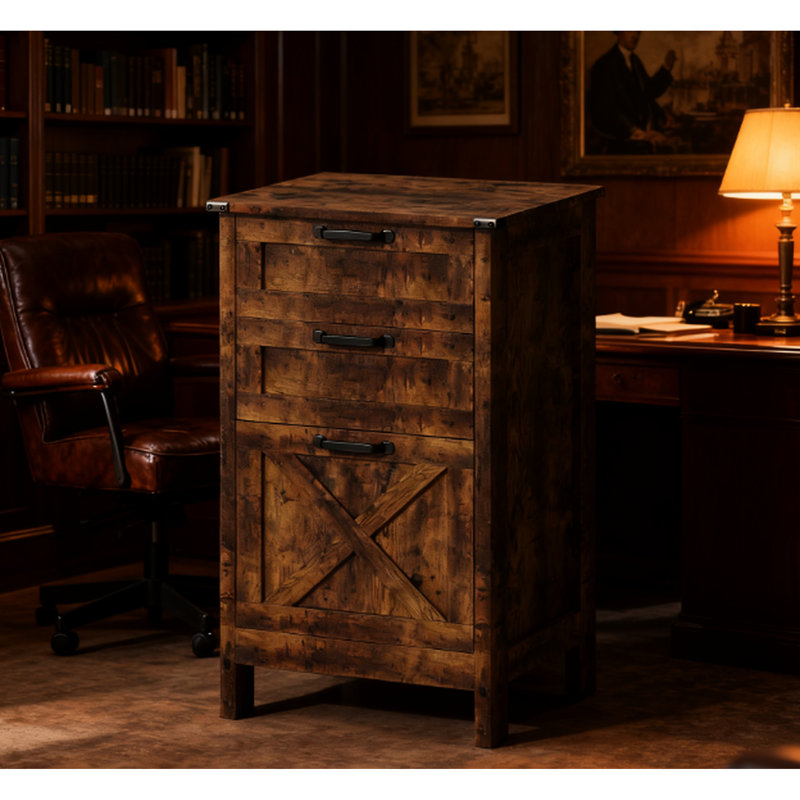 Armoire de rangement rustique à 3 tiroirs pour bureau personnel, deux petits tiroirs, grande avec barre à dossiers réglable, glissières silencieuses, dispositif de basculement, structure verticale en panneau de particules brun