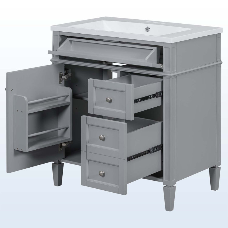 Diajah 30 " W Freestanding Standard Single Vanity Bathroom Vanity With Ceramic Top, Gray
