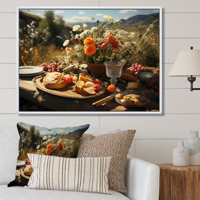 «Rustic Banquet In France II», reproduction sur toile, Cadre flottant blanc, 34" H x 44" W