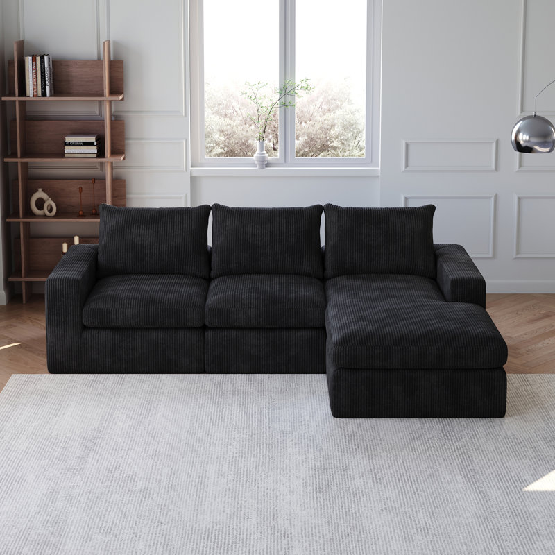 Canapé modulaire rembourré en L, Velours côtelé noir