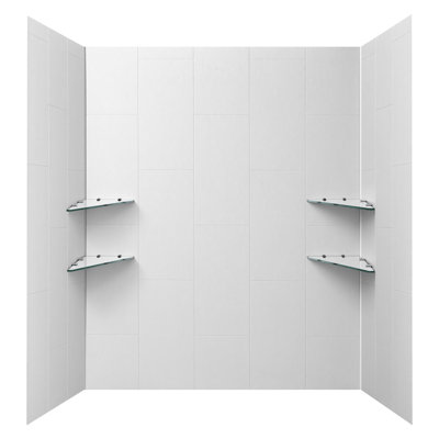 Panneaux muraux de douche, l 60 po x P 36 po x H 75 po, 0,14 po (3,5 mm) d'épaisseur, ensemble de 3 panneaux de douche imperméables SMC, ensemble de panneau de baignoire mural à installation rapide et ajustable avec 4 tablettes en verre