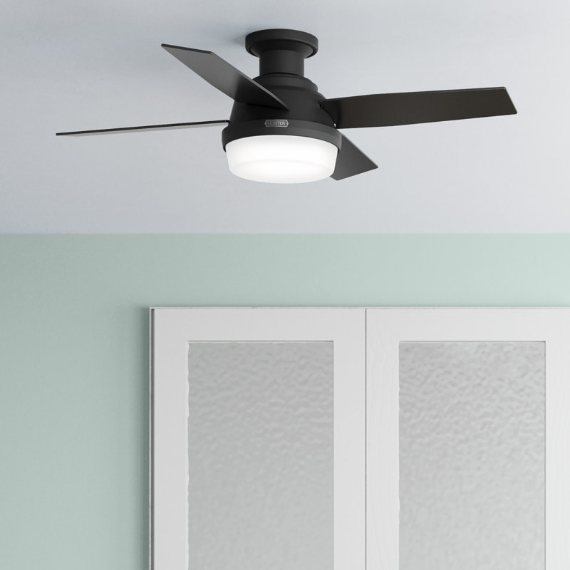 Dempsey Low Profile 44" 4 - Blade Indoor Flush Mount Small Room Ceiling Fan with Lights and Remote, Black