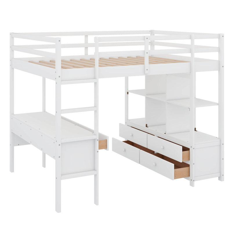 Loft Bed with Built-in Desk with Two Drawers, and Storage Shelves and Drawers, Full, White 