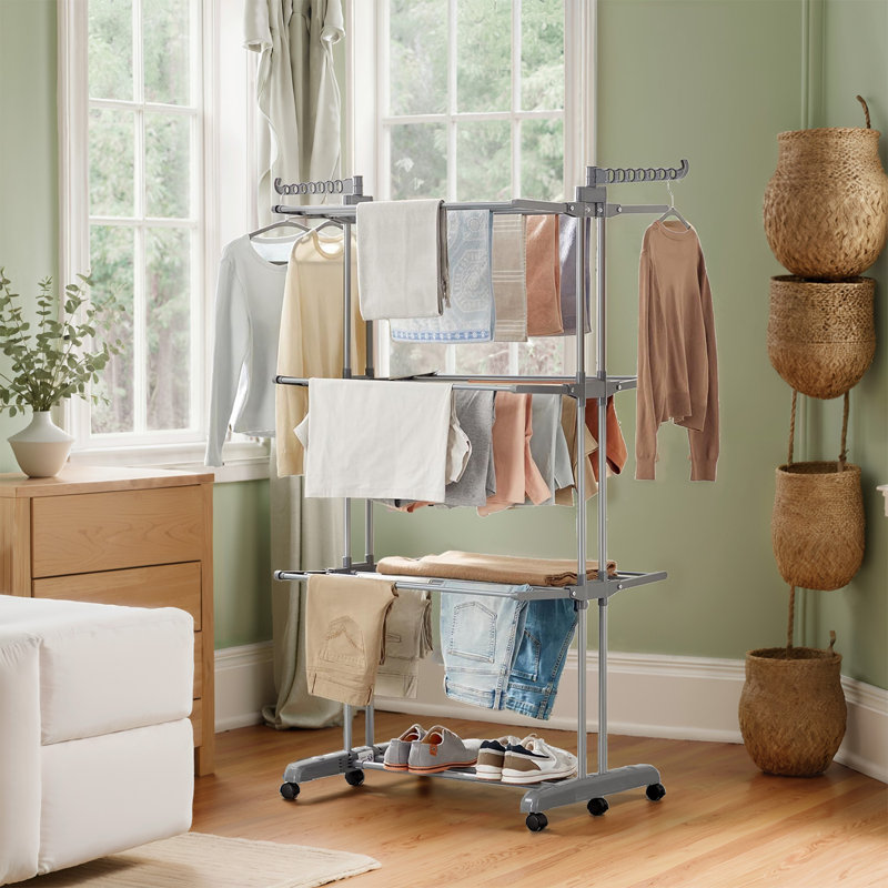 Séchoir à vêtements à 4 niveaux, pliable, séchoir à linge de 68,1 pouces de hauteur, acier inoxydable, porte-vêtements à roulettes, séchoir à linge