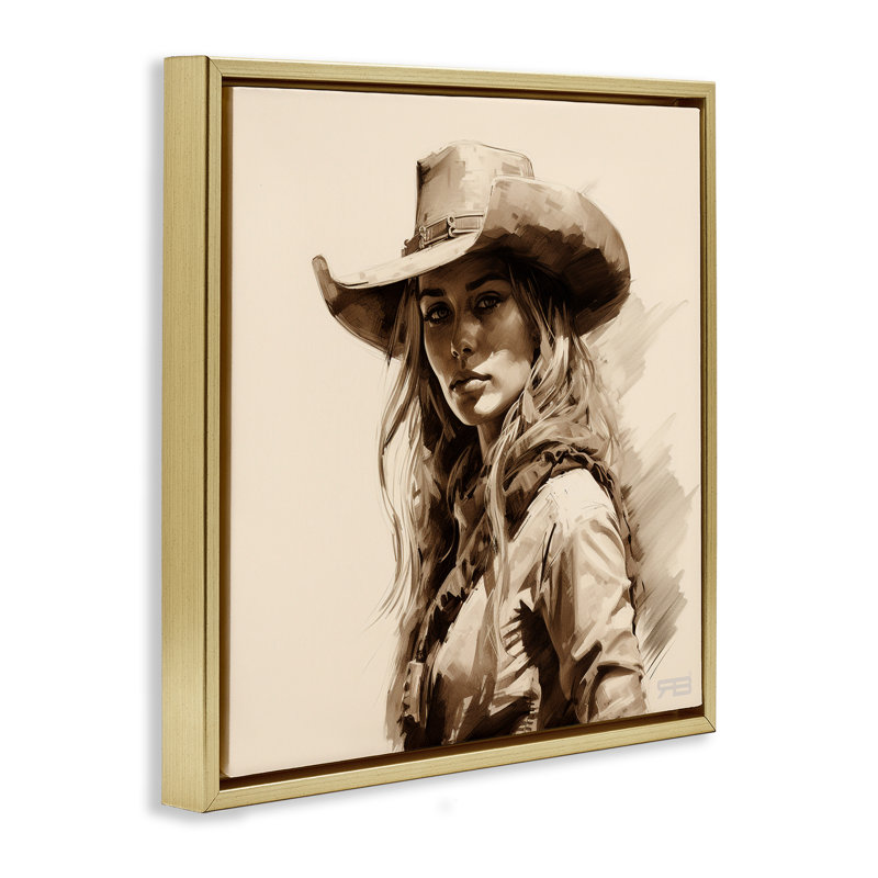 «Western Cowgirl Gaze», art mural encadré sur toile flottante par RB, Cadre flottant métallique doré, H 18 po x l 18 po