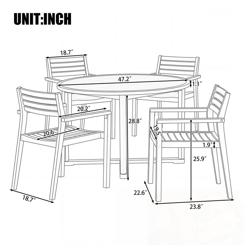 5-Piece Outdoor Dining Set with 4 Wood Chairs and Round Table, Natural