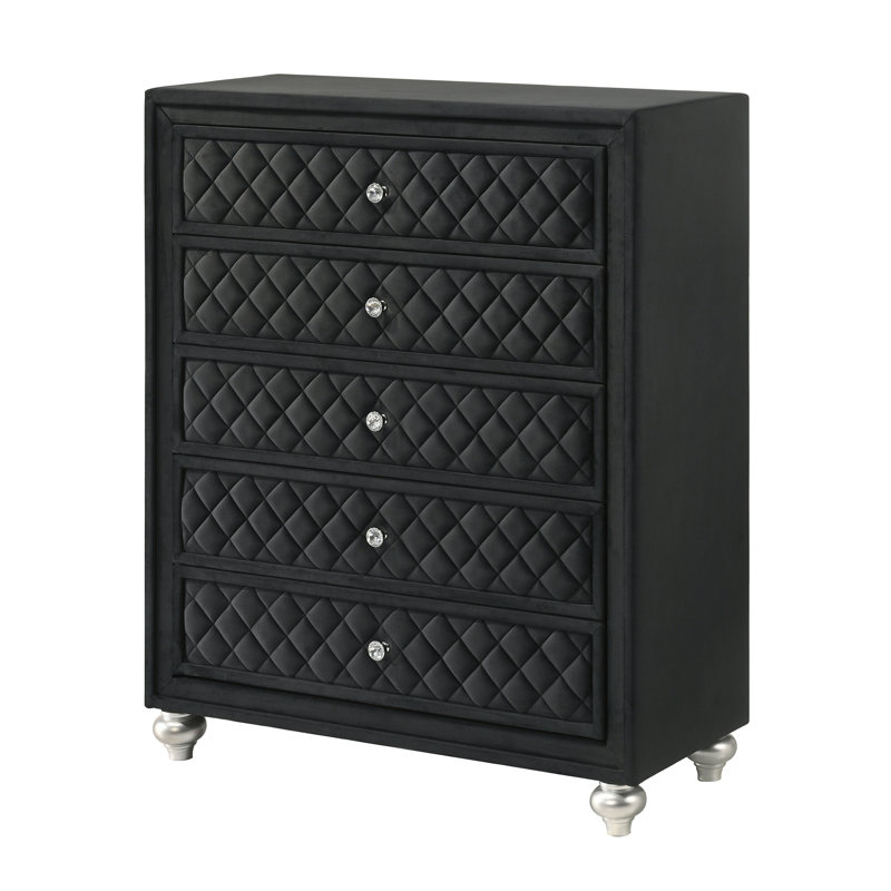 Commode en velours noir 5 tiroirs avec devantures de tiroir capitonnées et boutons en faux cristal 1pc