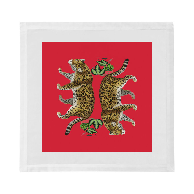 Leopard Seeing Double Cotton Blend Square Napkins, Crimson