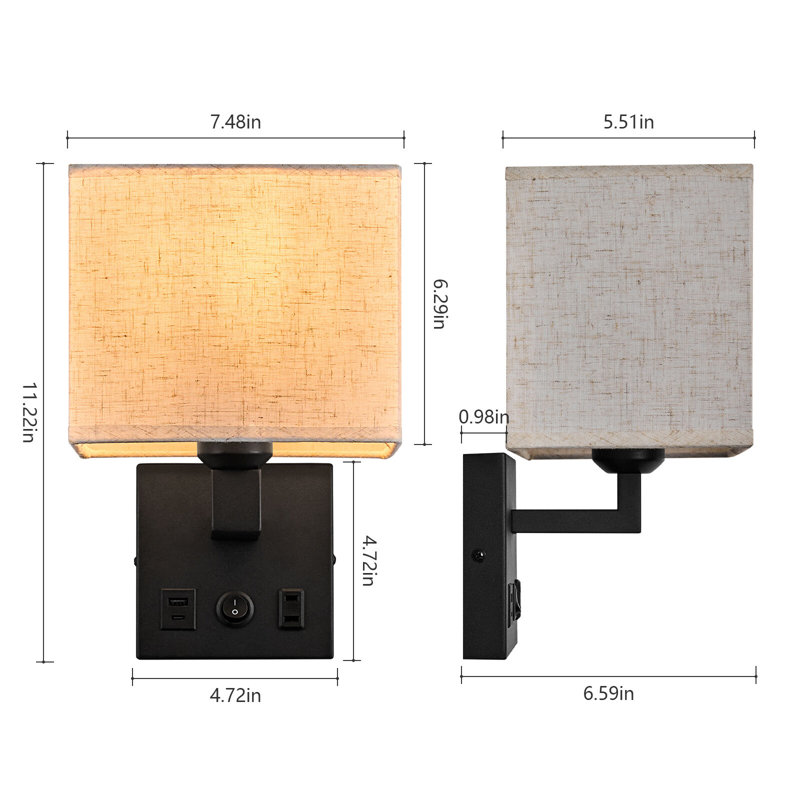 Ensemble de deux appliques murales noires - Lampe de chevet moderne avec port de charge USB et abat-jour en tissu pour chambre à coucher, salon, salle de lecture