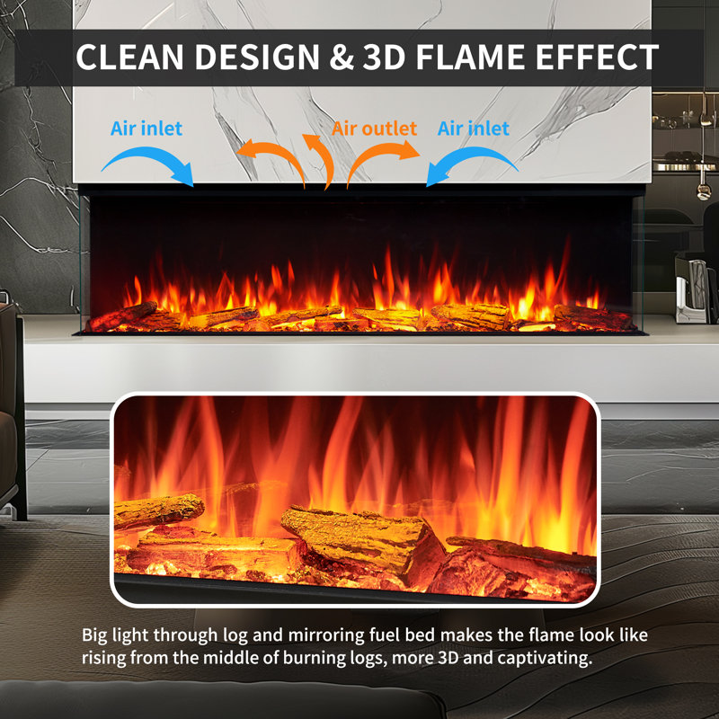Smart Build In Electric Fireplace Insert, 1-2-3 Sided View, Heater 750W/1500W, Multi Colors Of Flame & Fuel Bed, Alexa/Google Assistant Enabled