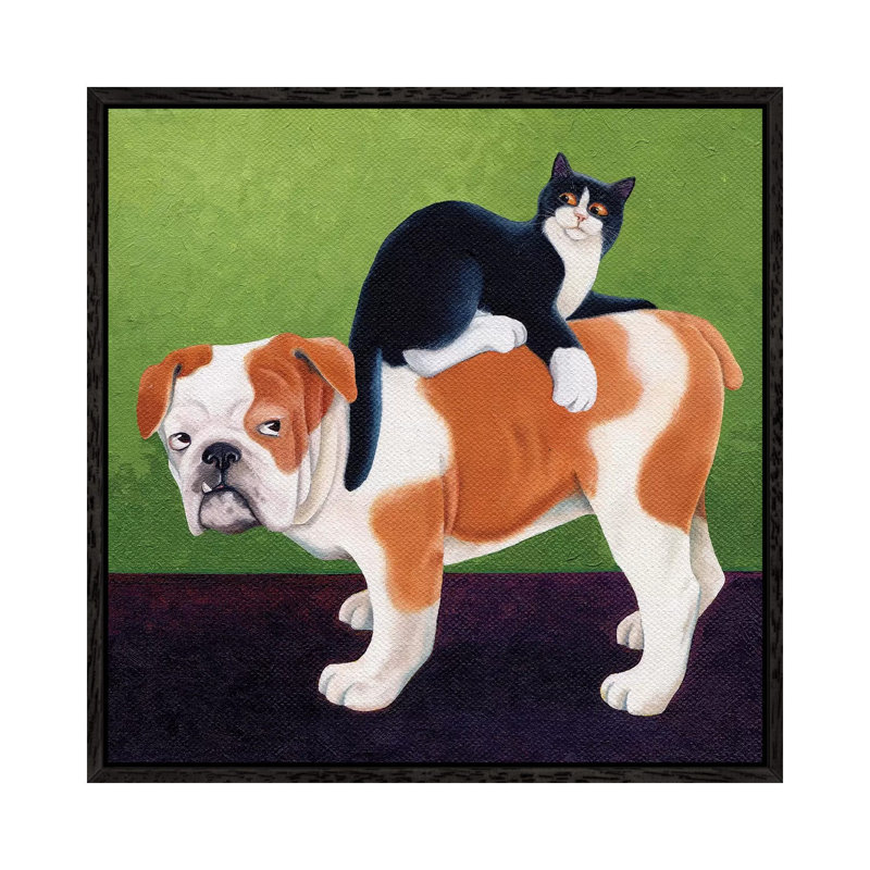 Bulldog And Cat by Vicky Mount - Painting on Canvas, 45.72 cm H x 45.72 cm W, Black Framed