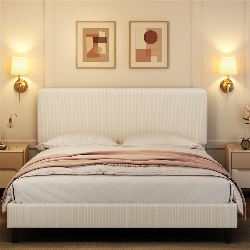 Upholstered Bed Frame with Adjustable Headboard, Queen, Beige