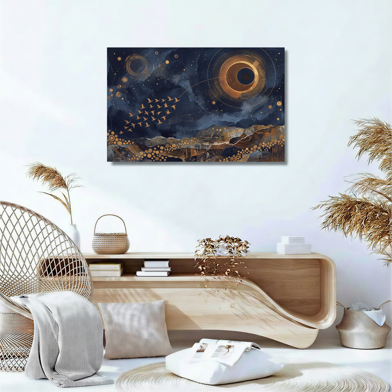 Toile abstraite, paysage bleu avec oiseaux et montagnes dorés, 20"H x 30"W
