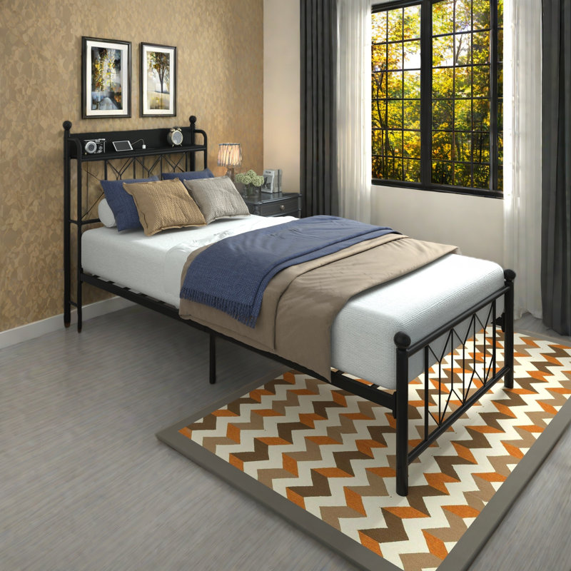 Cadres de lit simple, tête de lit et station de charge et lumière DEL pour la chambre à coucher, solide et stable, sans bruit, aucun sommier requis, assemblage facile