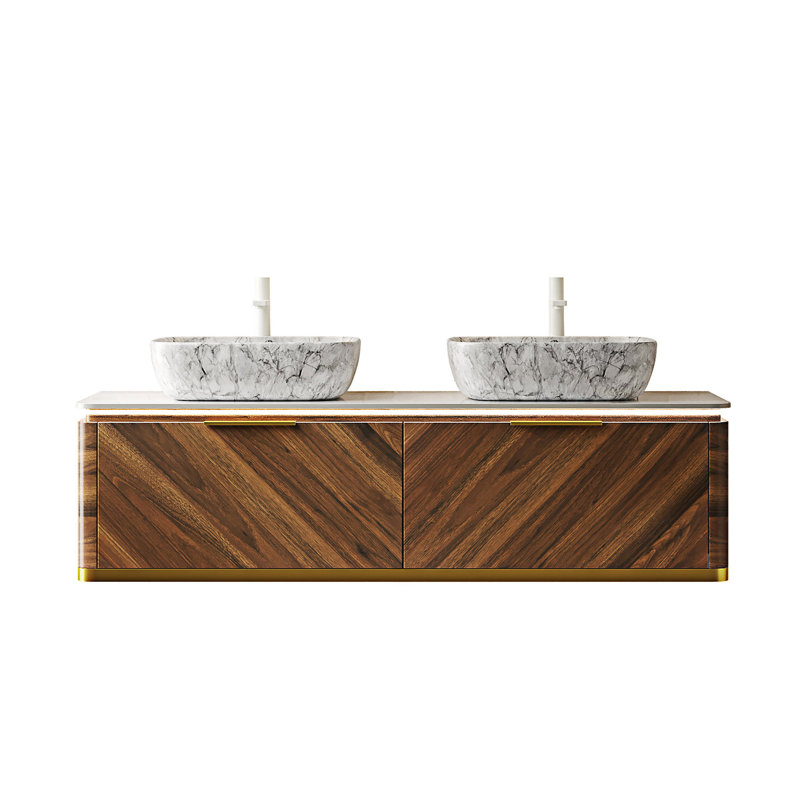 Meuble-lavabo flottant avec lavabos, Noyer foncé