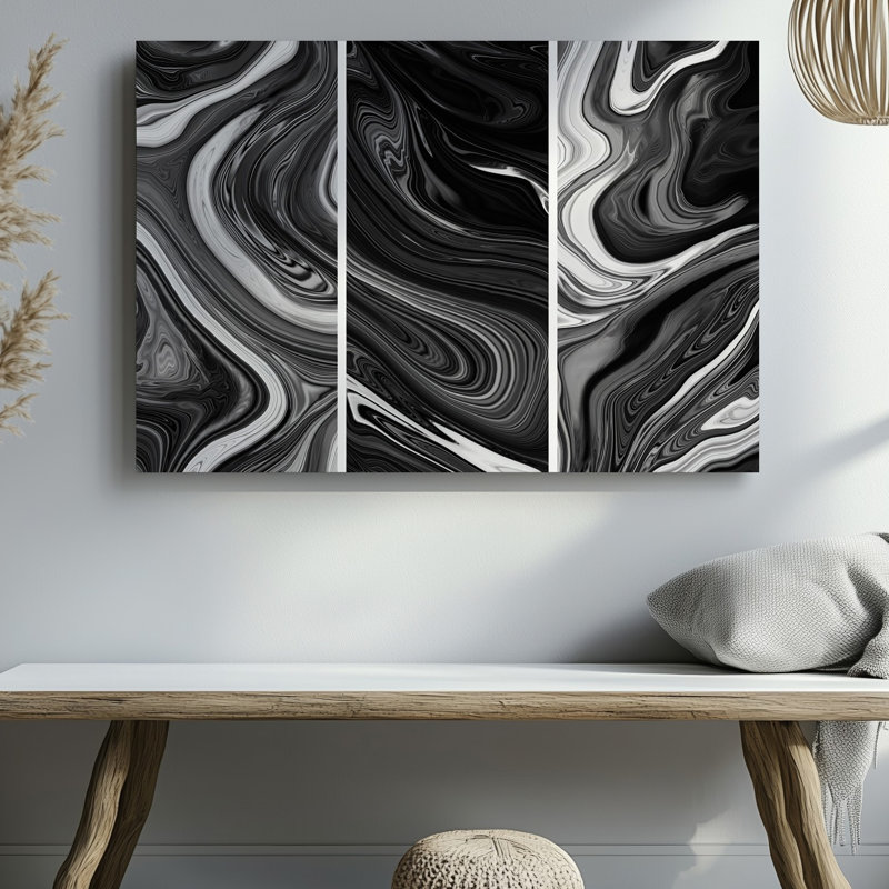 Toile, création d'un motif monochrome abstrait avec des motifs tourbillonnants d'art mural noir et blanc mettant en vedette des formes organiques fluides