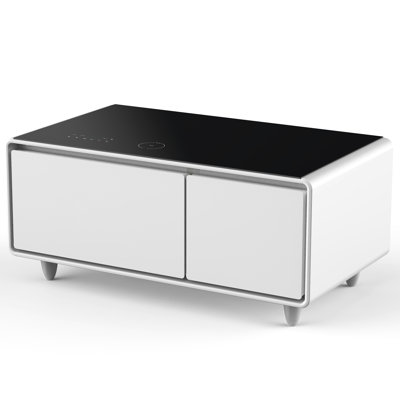 Modern Coffee Table With Refrigerator, Wireless Charging, Audio, Ports, Rectangular Shape, White Finish Refrigeration Function, Speaker, White, Atmosphere