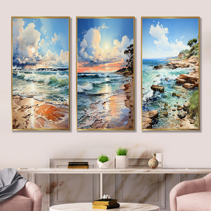 Coastal Tranquility Horizon - Ensemble de 3 décorations murales océan, Cadre flottant doré, H 32 po x l 48 po