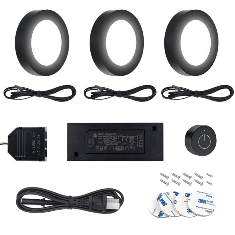 3 Pack 4000K Mini Puck Light with Wireless Dimmer 12V 2W/pc for Under Cabinet Lighting