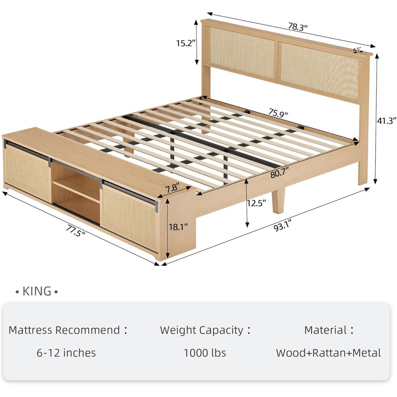 Structure de lit très grand avec armoires de rangement avec porte de grange coulissante et tête de lit, lit plateforme Boho Farmhouse avec pieds en bois massif