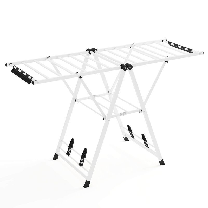 Séchoir à linge pliable en métal avec ailes réglables en hauteur, 18 rails de séchage blancs, Blanc/Noir
