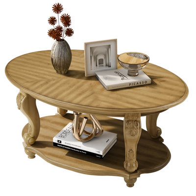 Table basse ovale en bois de 42 po pour le salon, table basse à 2 niveaux en bois massif avec tablette de rangement ouverte, assemblage facile, naturel antique