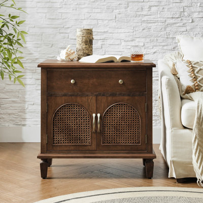 Dyals Traditional 27"Tall End Table Design Rattan Cabinet Doors with Built-in Power Outlet and Adjustable Shelf