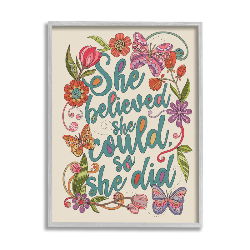 «She Believed Girl Power Motivation Motive Floral Butterflies» par Valentina Harper - cadre flottant, impression sur bois