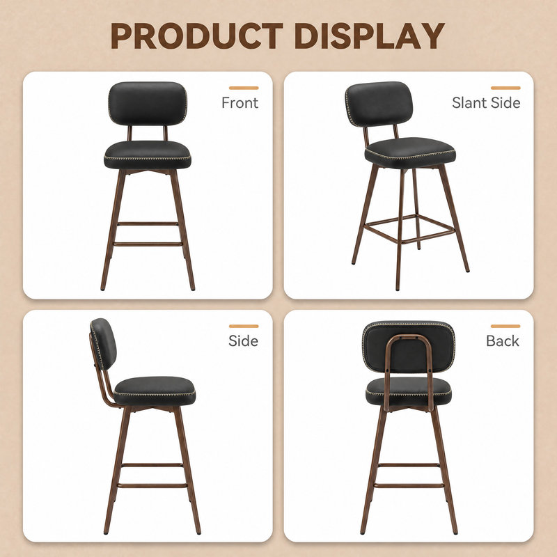 Swivel Upholstered Counter Stool with Metal Frame, Black