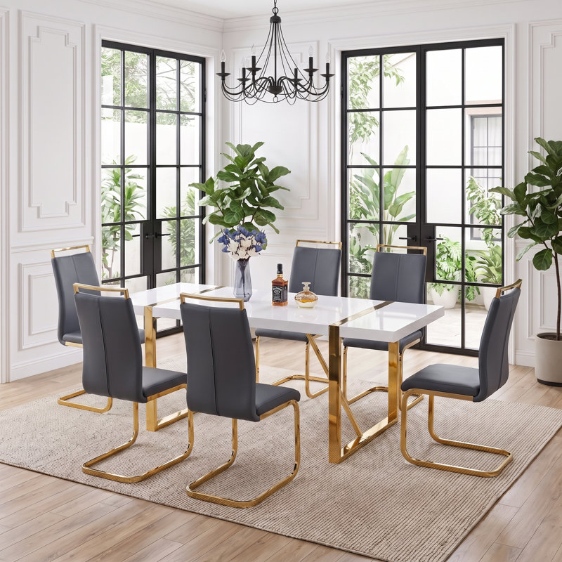7-Piece Modern Glam Rectangular High-Gloss Dining Set with Faux Leather Cantilever Chairs, 7 Pieces: Table, 6 Chairs