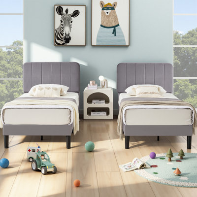 Bedias Set of 2 Twin Upholstered Platform Bed, Velvet Bed Frame with Vertical Channel Adjustable Headboard, Wooden Slats Support, No Box Spring Needed, Noise Free, Gray