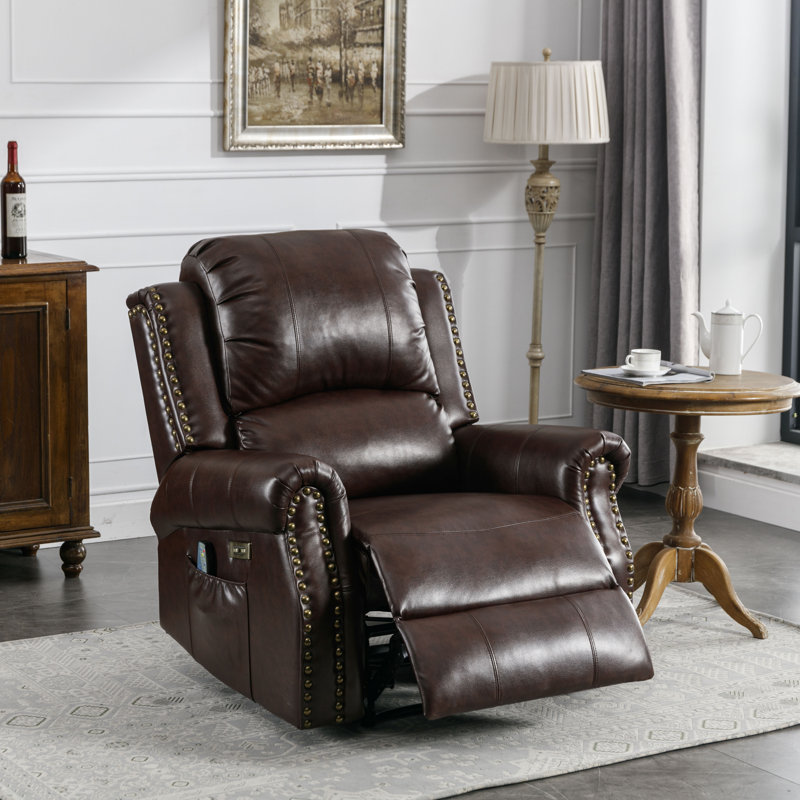 Aidin Leather Heated Massage Power Recliner, Syrup Faux Leather