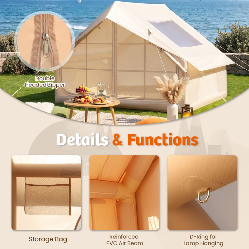 4-6 Person Inflatable Camping Tent, Waterproof Blow Up Tent With Large Mesh Doors & Skylight