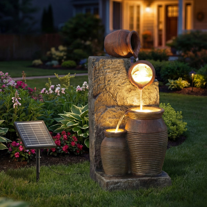 29.9"h Outdoor Solar Power Water Fountain, Resin Pottery Cascade Garden Water Fountain With Led Lights Effect