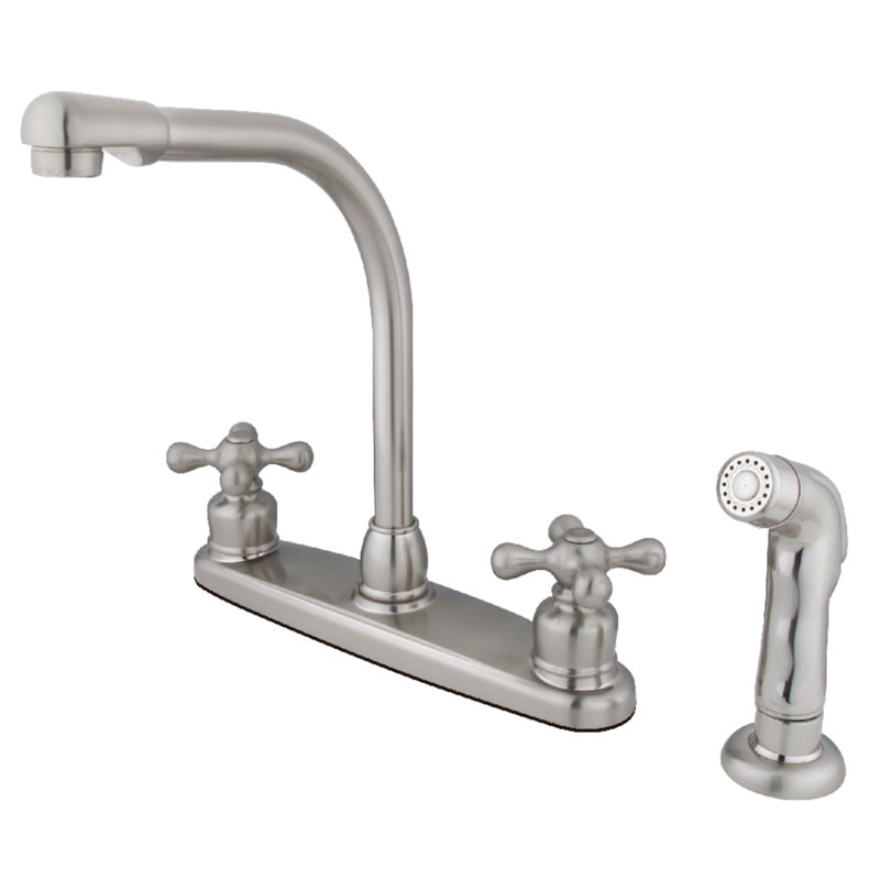 Kingston Brass Victorian Two-Handle 4-Hole 8" Centerset Kitchen Faucet with Side Sprayer, Brushed Nickel