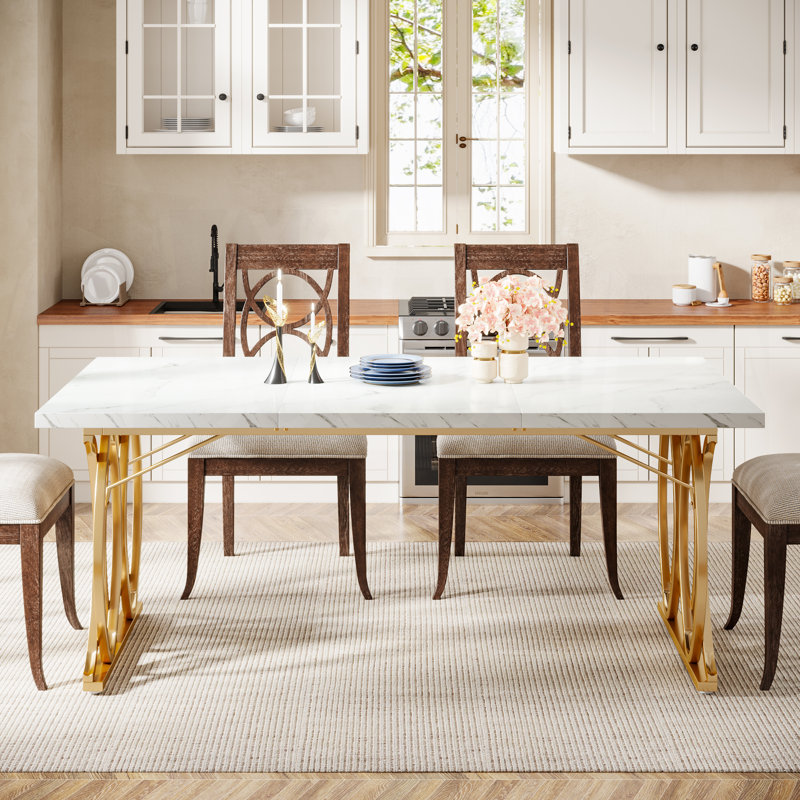 63" Modern White And Gold Dining Table, Unique Rectangular Kitchen Table