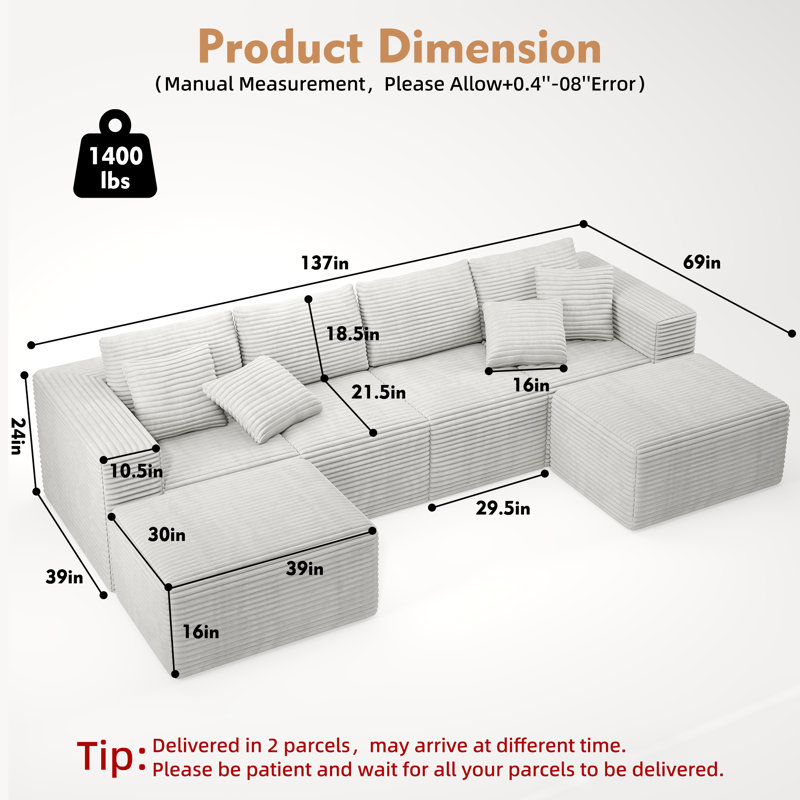 Latitude Run® Boneless 137"Cloud Modular Sectional Couch with 2 Ottoman,Modern Minimalist Upholstered Couches, Comfort U Shaped Sofa for Living Room,Deep Seat Corner Couch,No Assembly Required