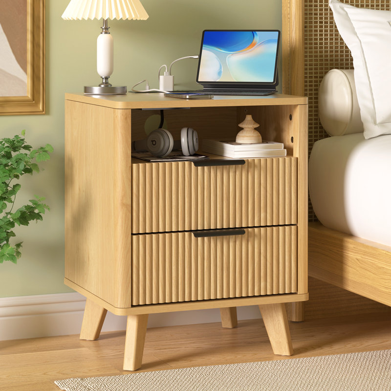 17.7'' W 2-Drawer Nightstand with Charging Station, Fluted Bedside Table with Open Cubby
