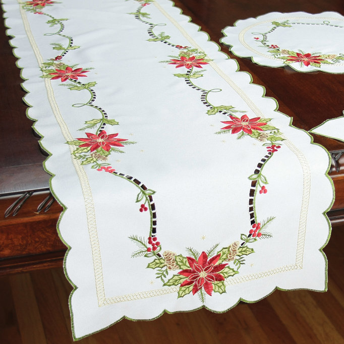 Scrolling Poinsettia Embroidered Cutwork Table Runner, 72" L x 15" W