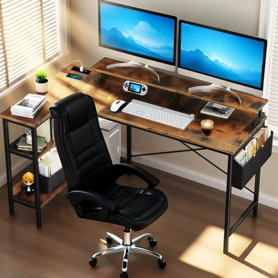 47'' Gaming Desk With Power Outlets And Monitor Stand, Reversible L Shaped Computer For Home Office Storage Shelves Side Compartment, Ideal Bedroom Tiny Work Areas, Vintage Style Desk, + Metal Build