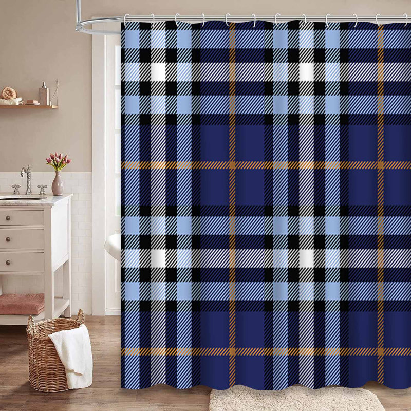 Rideau de douche écossais bleu clair avec 12 crochets Tartan, L 72 po x l 78 po