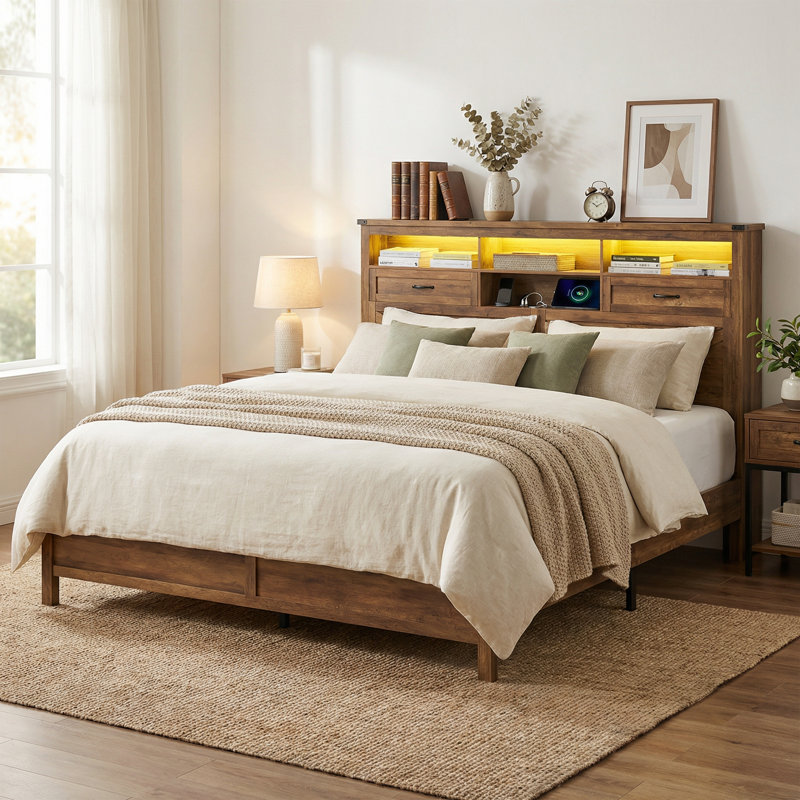51.3" Farmhouse Storage Headboard Bed Frame (4 Drawers, Led, Charging Station, Noise-Free, No Box Spring), Brown, King
